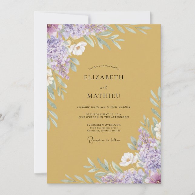 Invitación Boda de Peonía Lila Ocra (Anverso)