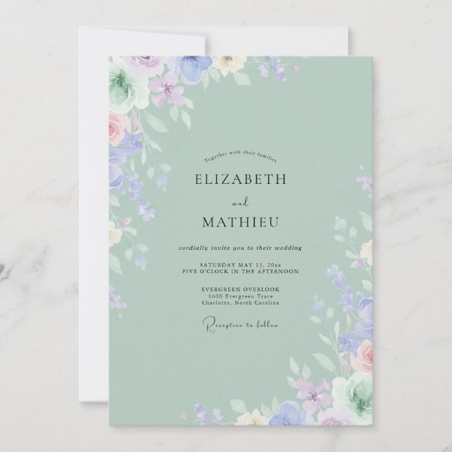 Invitación Boda de Peonía Lila Pálido Celadón (Anverso)