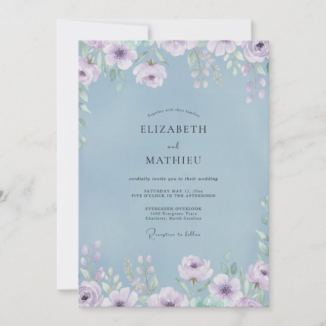 Invitación Boda de Peonía Lila Periwinkle (Anverso)