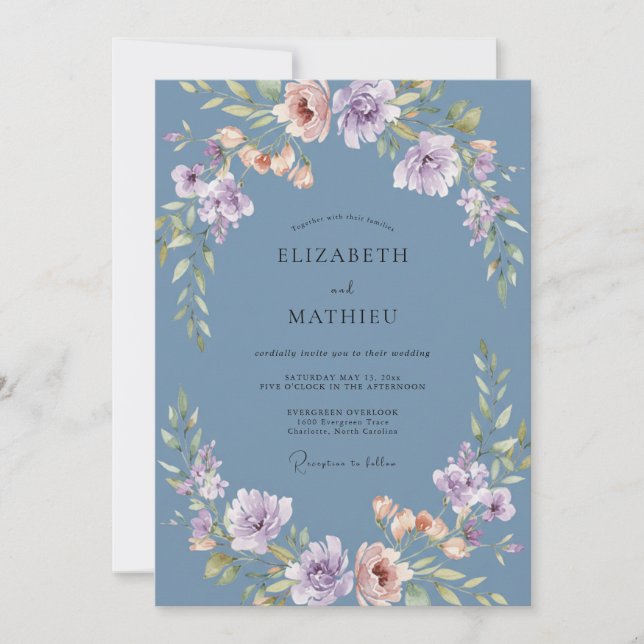 Invitación Boda de Peonía Lila Pizarra (Anverso)
