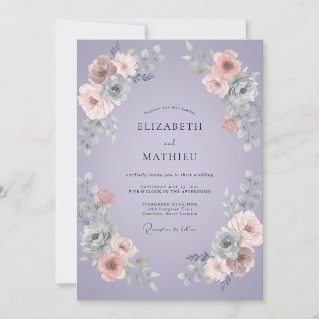 Invitación Boda de Peonía Lila Polvorienta (Anverso)