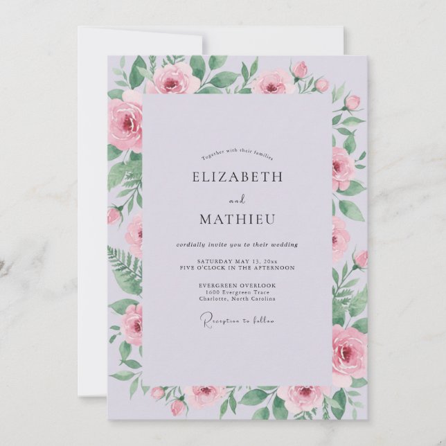 Invitación Boda de peonía lila silenciada (Anverso)