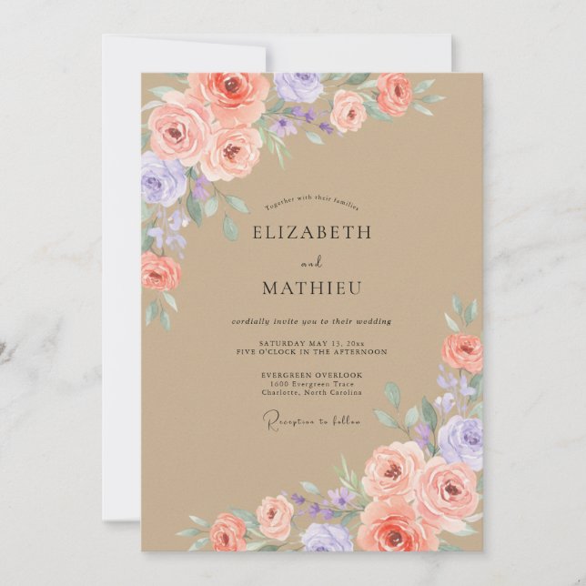 Invitación Boda de peonía lila taupe (Anverso)