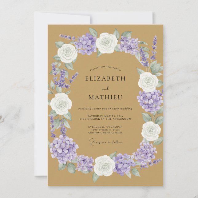 Invitación Boda de Peonía Lila Tostada (Anverso)