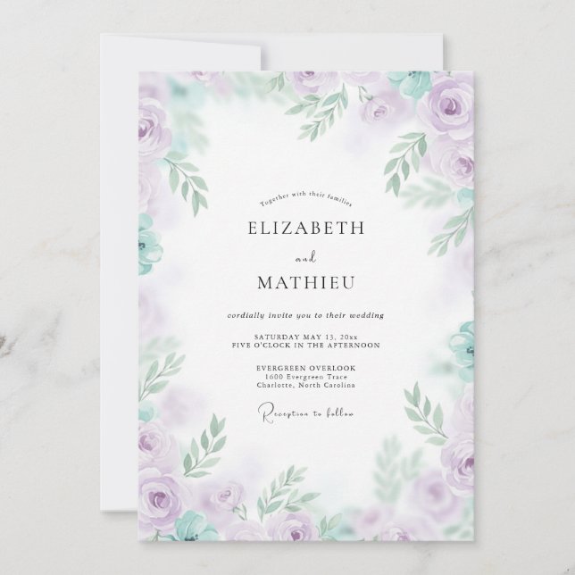 Invitación Boda de Peonía Lila y Menta (Anverso)