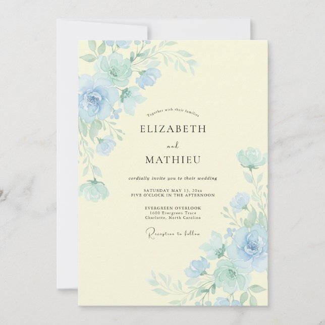 Invitación Boda de Peonía Limón Periwinkle (Anverso)