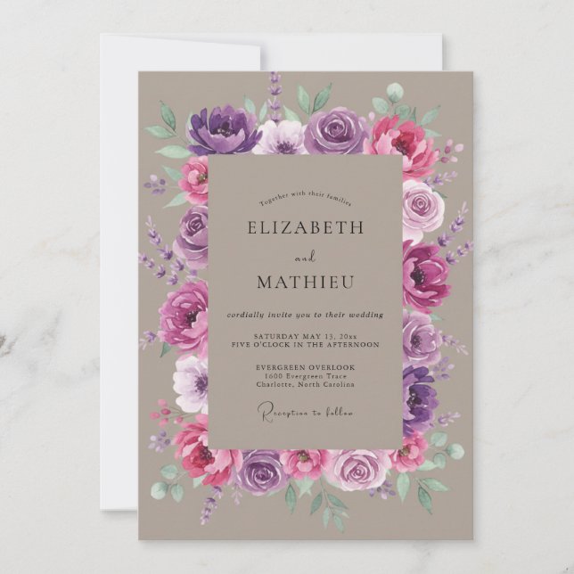 Invitación Boda de peonía magenta amatista (Anverso)
