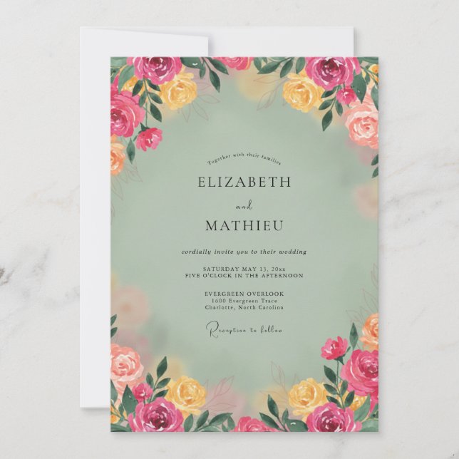 Invitación Boda de Peonía Magenta Celadón (Anverso)