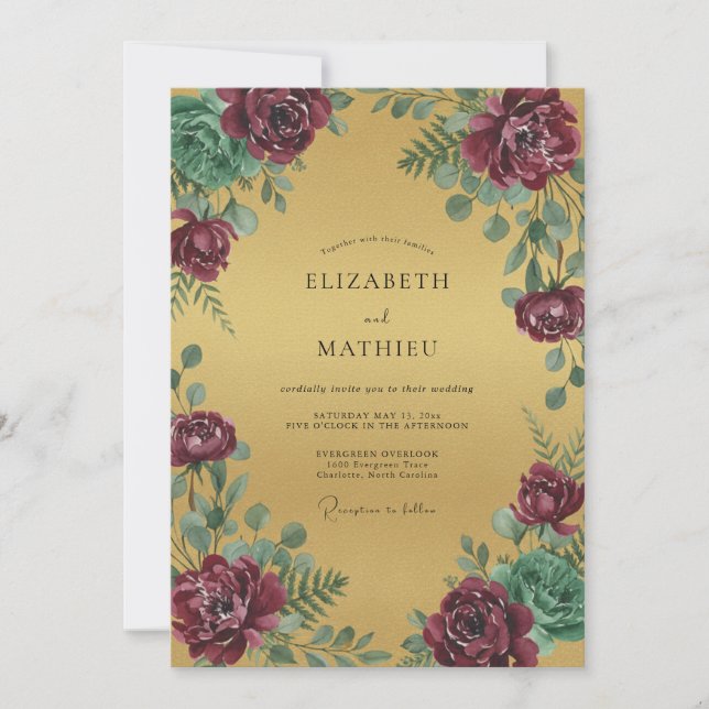 Invitación Boda de Peonía Magenta Dorada (Anverso)