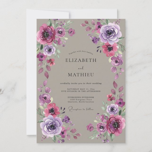 Invitación Boda de Peonía Magenta Grisáceo (Anverso)