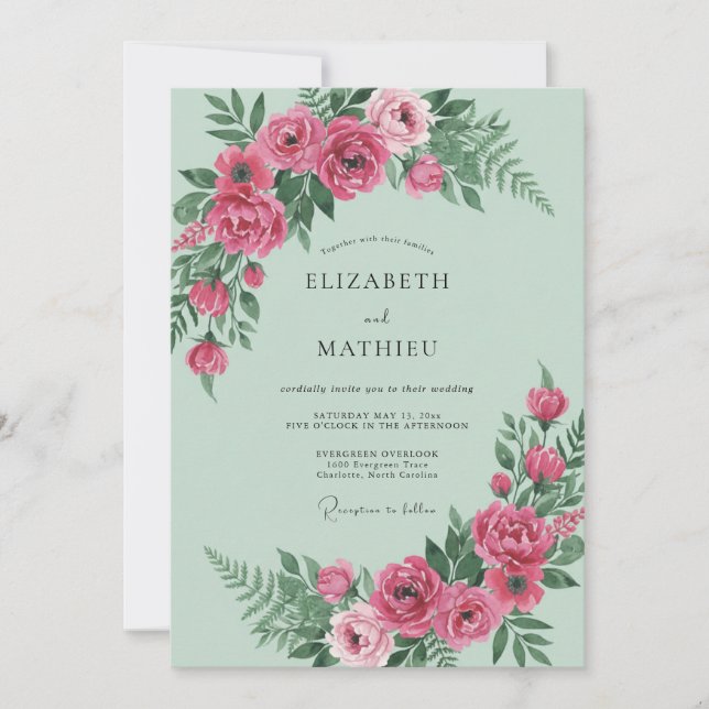 Invitación Boda de peonía magenta menta (Anverso)
