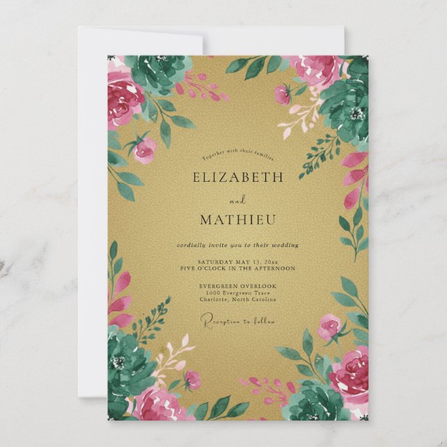 Invitación Boda de Peonía Magenta Ocra (Anverso)