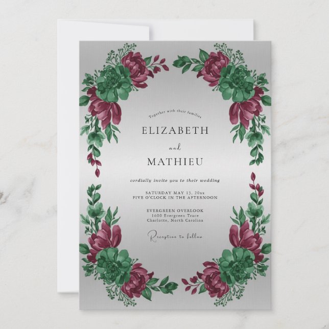 Invitación Boda de Peonía Magenta Plateada (Anverso)