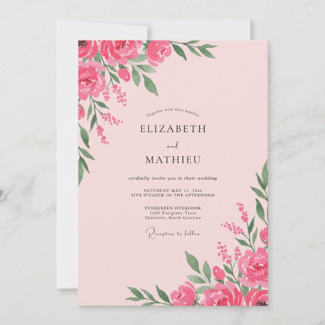 Invitación Boda de peonía magenta rubor (Anverso)
