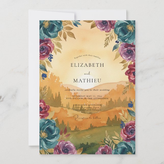 Invitación Boda de peonía magenta teal (Anverso)