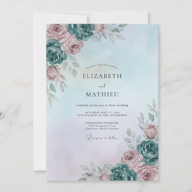 Invitación Boda de peonía malva acuática polvorienta (Anverso)
