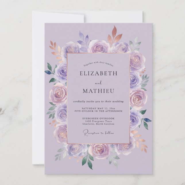 Invitación Boda de Peonía Malva Amatista (Anverso)