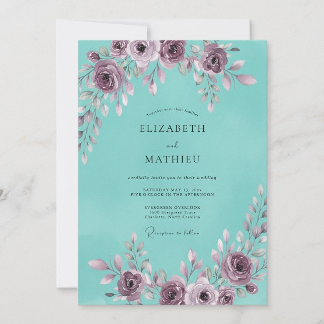 Invitación Boda de peonía malva aqua (Anverso)