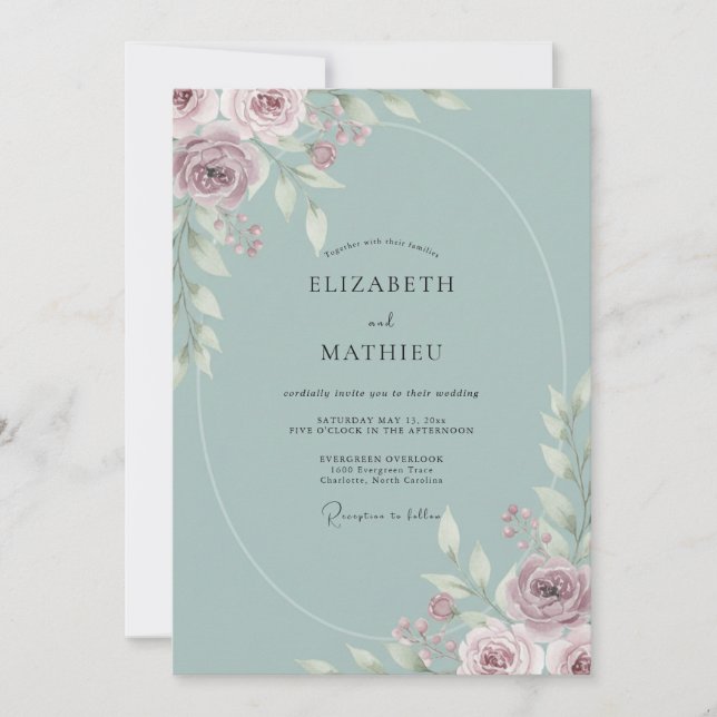 Invitación Boda de peonía malva celeste (Anverso)