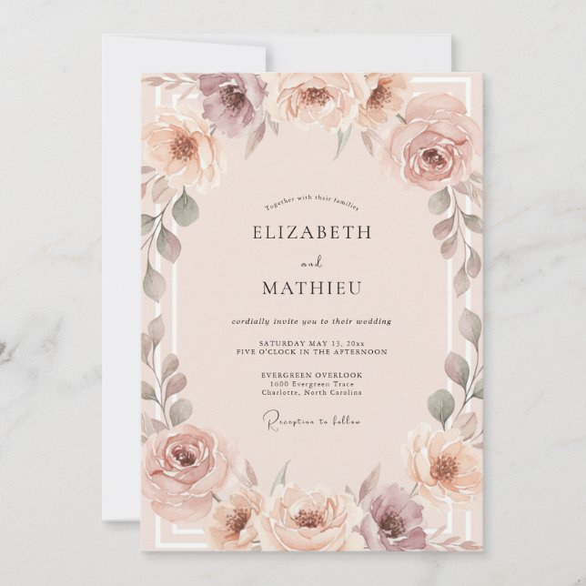 Invitación Boda de peonía malva champán (Anverso)