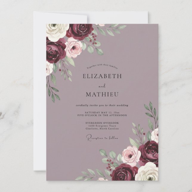 Invitación Boda de peonía malva ciruela (Anverso)