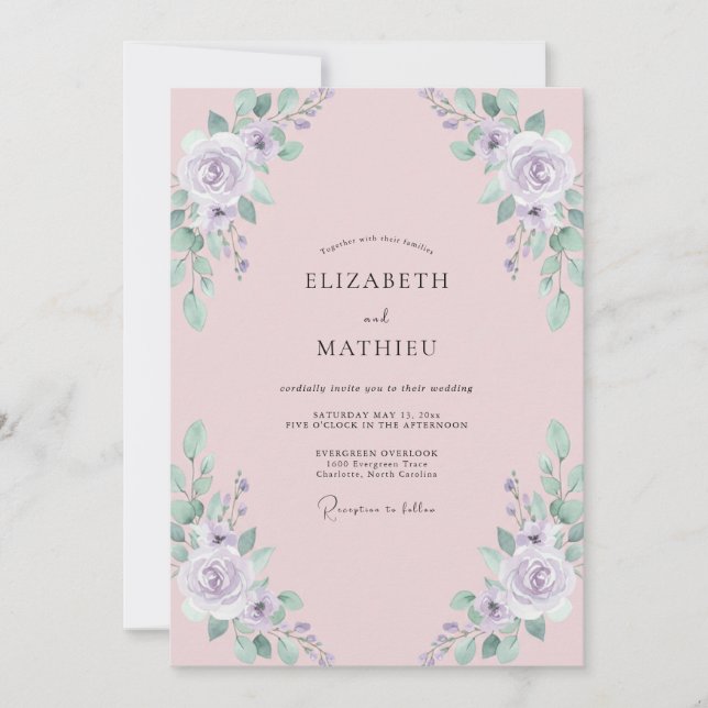Invitación Boda de peonía malva con rubor (Anverso)