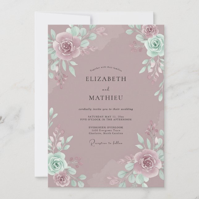 Invitación Boda de peonía malva espuma de mar (Anverso)