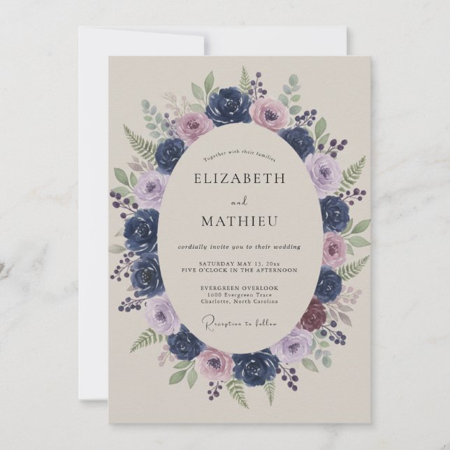 Invitación Boda de peonía malva índigo (Anverso)