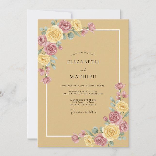 Invitación Boda de Peonía Malva Miel (Anverso)