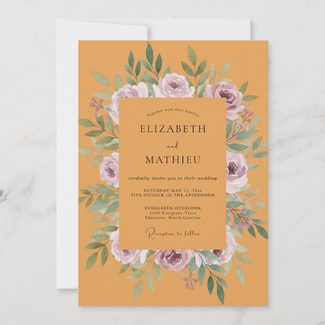 Invitación Boda de Peonía Malva Mostaza (Anverso)