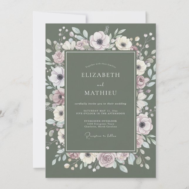 Invitación Boda de Peonía Malva Musgo (Anverso)