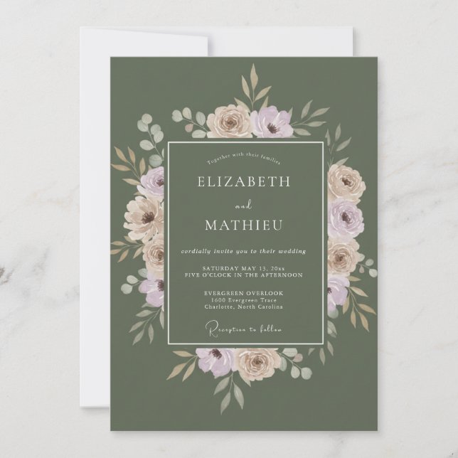 Invitación Boda de peonía malva oliva (Anverso)