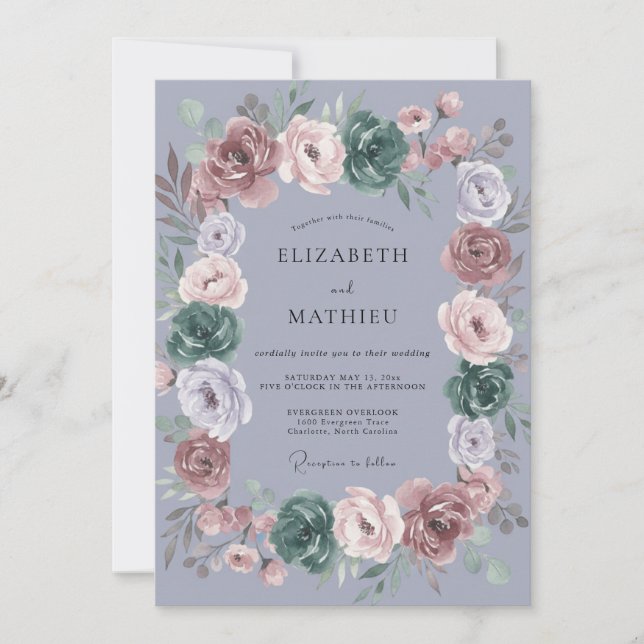 Invitación Boda de Peonía Malva Periwinkle (Anverso)