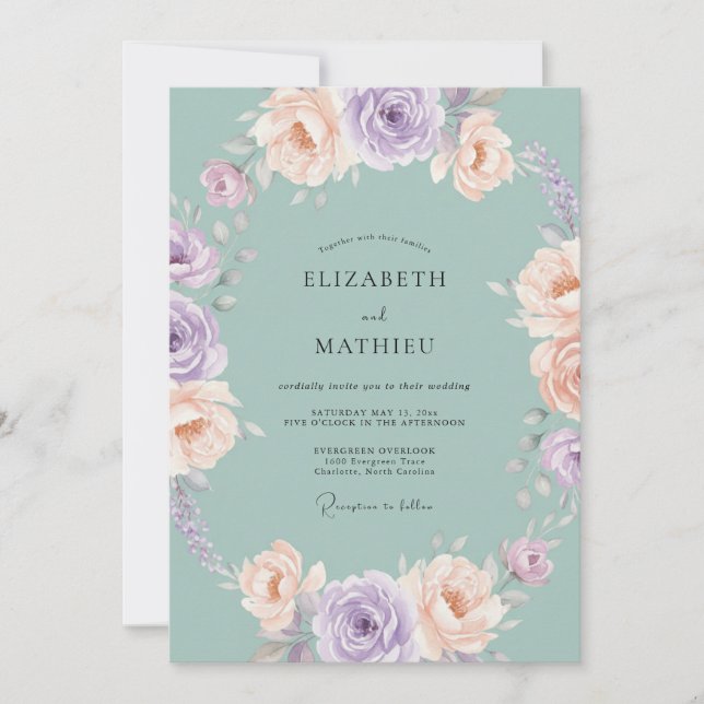 Invitación Boda de Peonía Malva Polvorienta Celadón (Anverso)