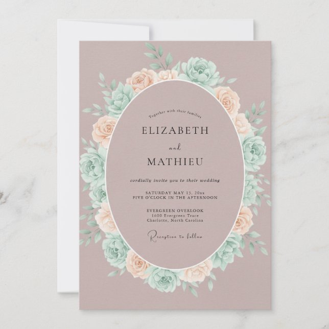 Invitación Boda de peonía malva polvorienta y menta (Anverso)