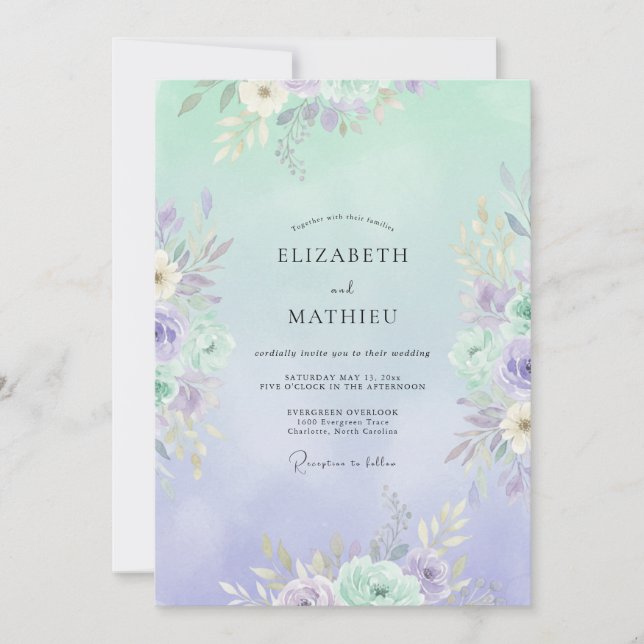 Invitación Boda de peonía malva verde espuma de mar (Anverso)