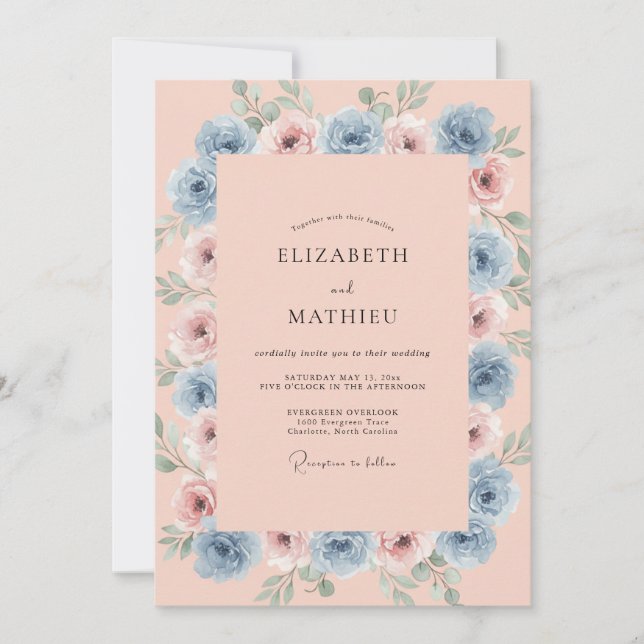 Invitación Boda de Peonía Malva y Aciano (Anverso)