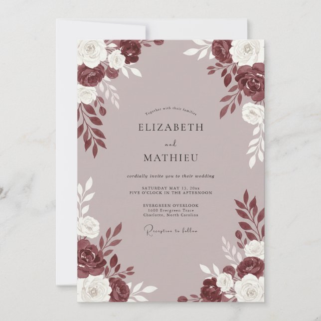 Invitación Boda de Peonía Malva y Granate (Anverso)