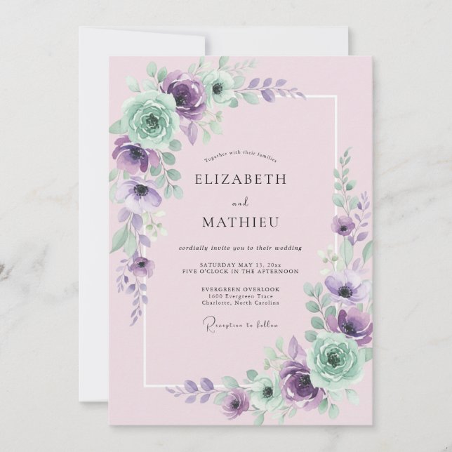 Invitación Boda de Peonía Malva y Menta (Anverso)