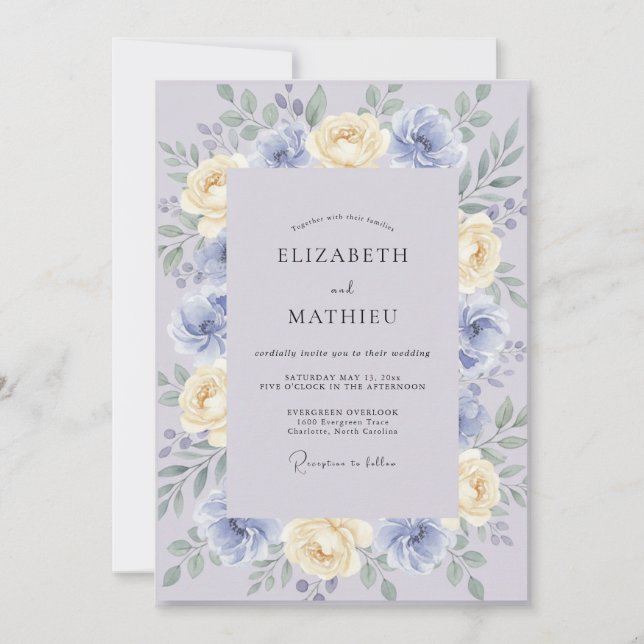 Invitación Boda de Peonía Mantequilla Periwinkle (Anverso)