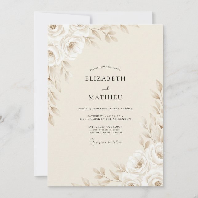 Invitación Boda de peonía marfil (Anverso)