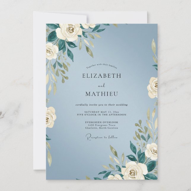 Invitación Boda de peonía marfil cielo (Anverso)