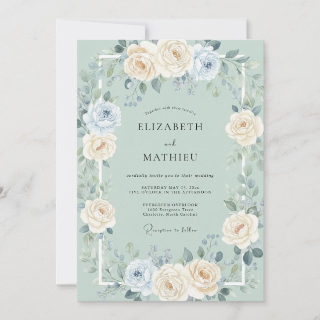 Invitación Boda de peonía marfil espuma de mar (Anverso)