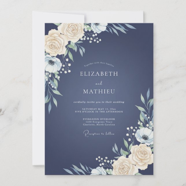 Invitación Boda de peonía marfil Navy (Anverso)