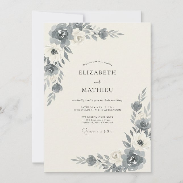 Invitación Boda de Peonía Marfil Pizarra (Anverso)