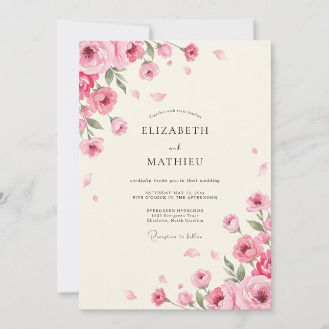 Invitación Boda de peonía marfil sonrosado (Anverso)