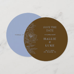 Invitación Boda de peonía marrón y azul redonda, guárdala la