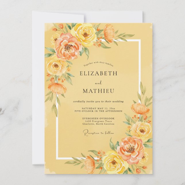 Invitación Boda de peonía melocotón amarillo (Anverso)
