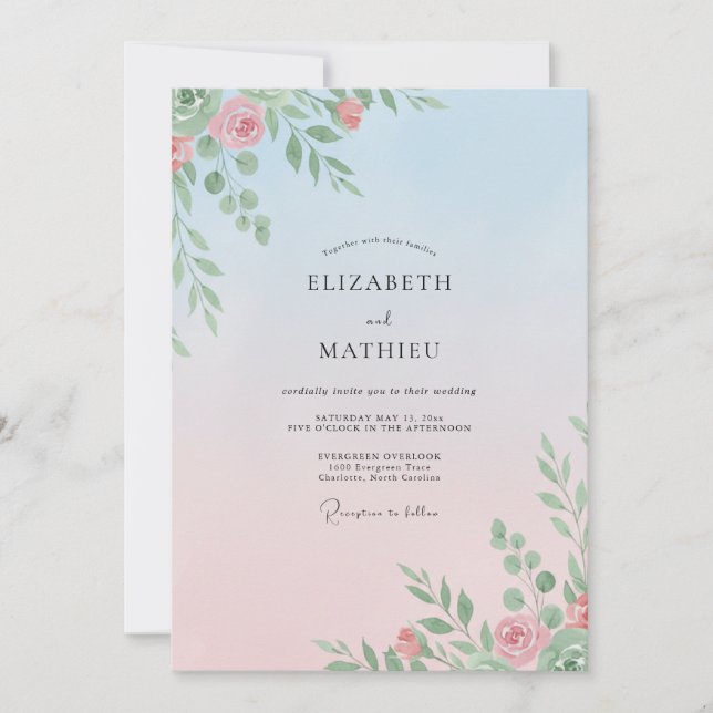Invitación Boda de peonía melocotón azul polvo (Anverso)