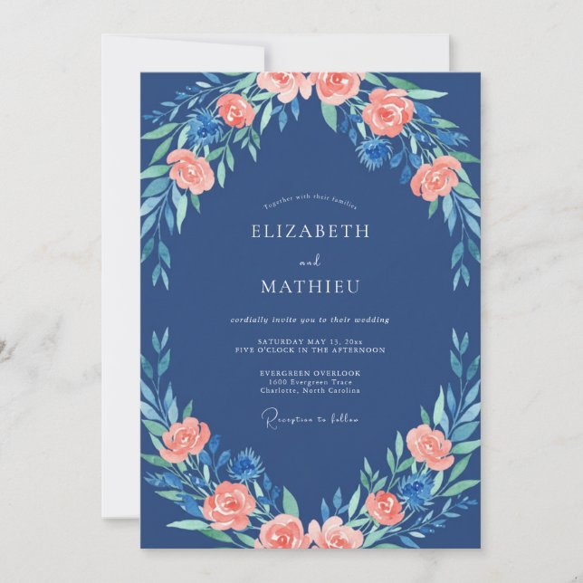 Invitación Boda de peonía melocotón cobalto (Anverso)